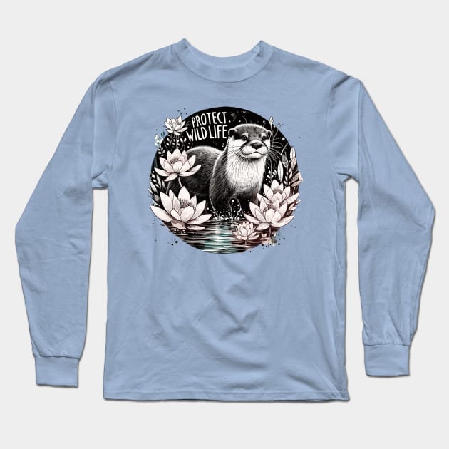 Protect Wildlife - Otter and water lilies Long Sleeve T-Shirt by PrintSoulDesigns
